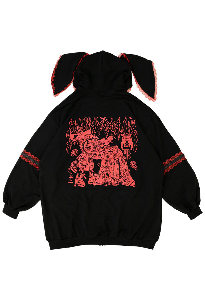  Bunny Dolls Punky Bunny Usamimi Black Red Oversized Zip Hoodie