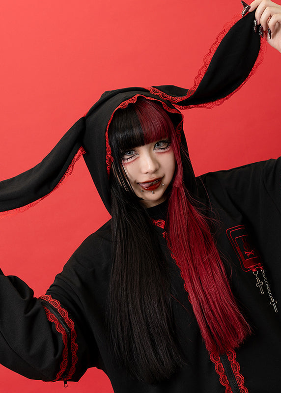  Bunny Dolls Punky Bunny Usamimi Black Red Oversized Zip Hoodie