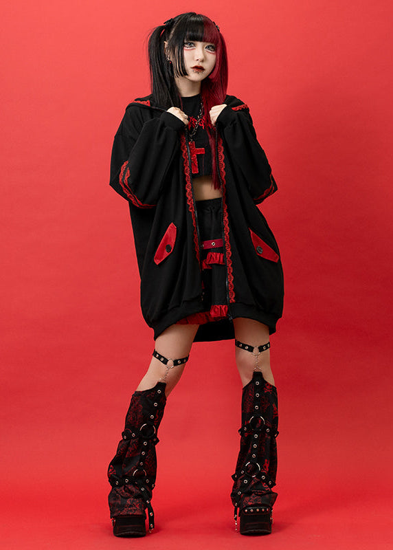  Bunny Dolls Punky Bunny Usamimi Black Red Oversized Zip Hoodie