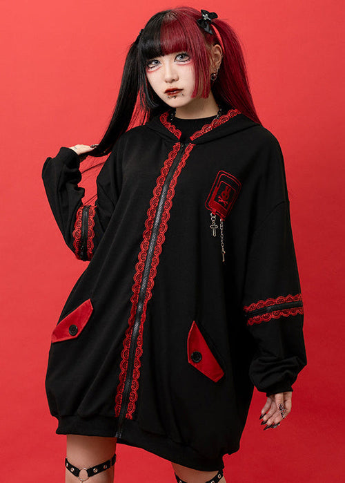  Bunny Dolls Punky Bunny Usamimi Black Red Oversized Zip Hoodie
