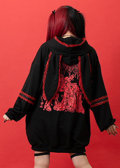  Bunny Dolls Punky Bunny Usamimi Black Red Oversized Zip Hoodie