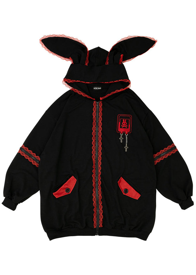  Bunny Dolls Punky Bunny Usamimi Black Red Oversized Zip Hoodie