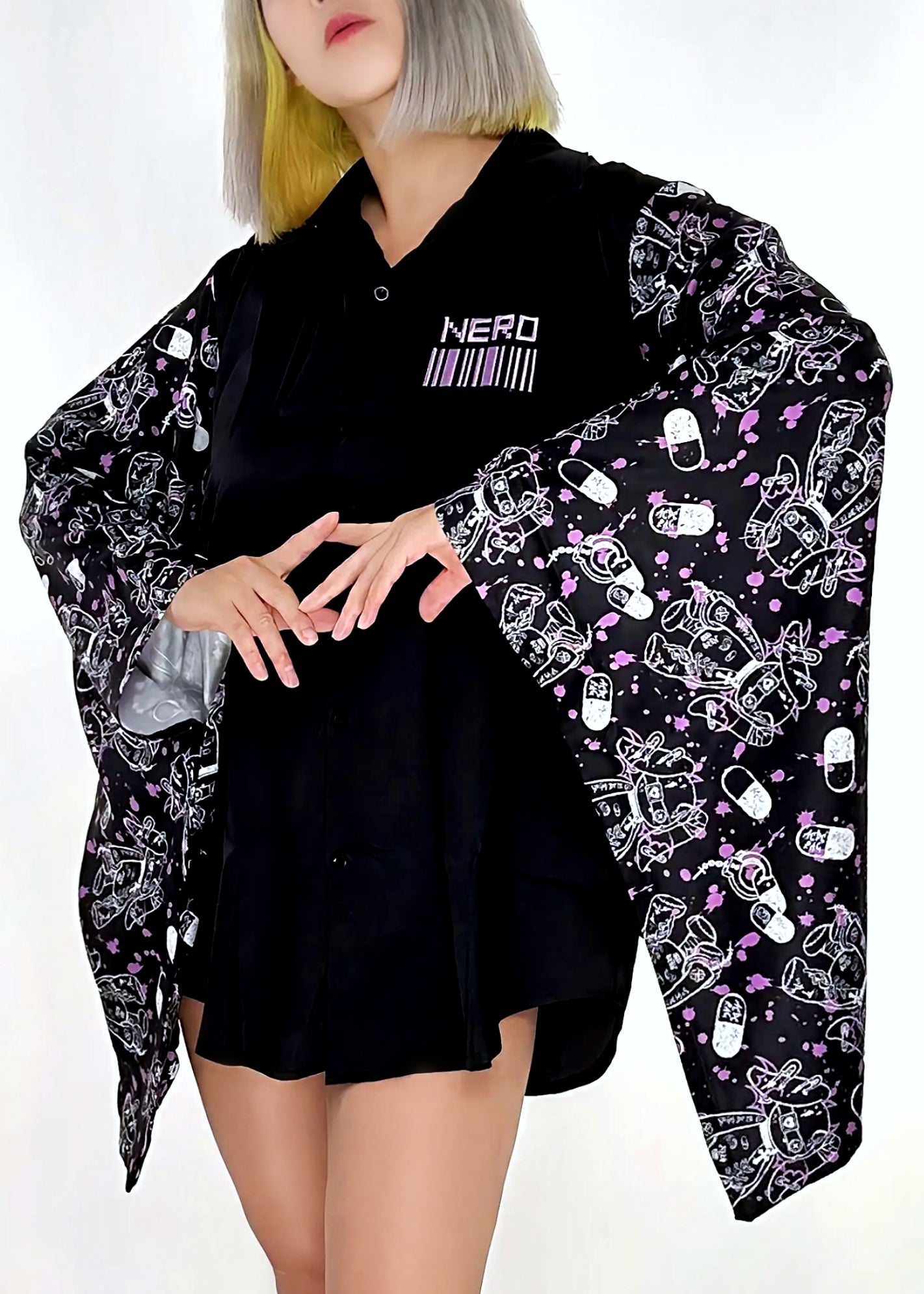  Mill & Nero Blood Nero Kimono Black Purple Button Shirt