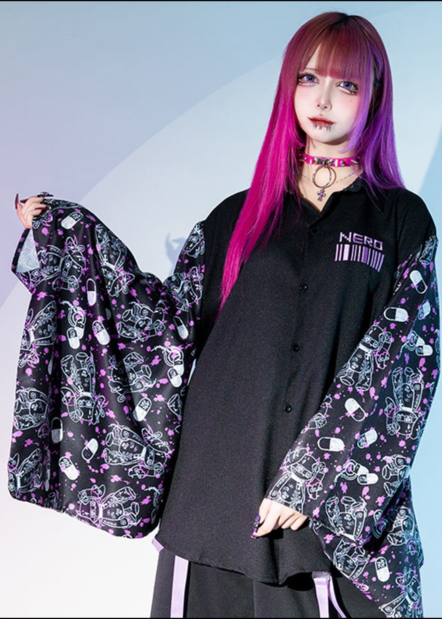  Mill & Nero Blood Nero Kimono Black Purple Button Shirt