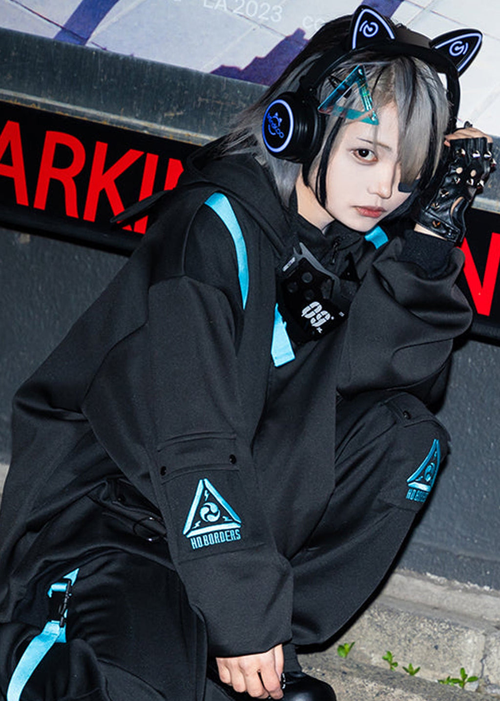  Uzurai Cyberpunk Tech Oversized Black Blue Jacket