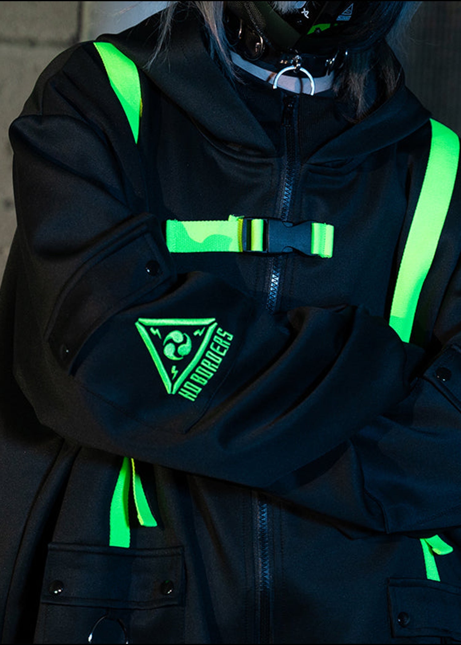  Uzurai Cyberpunk Tech Oversized Black Green Jacket