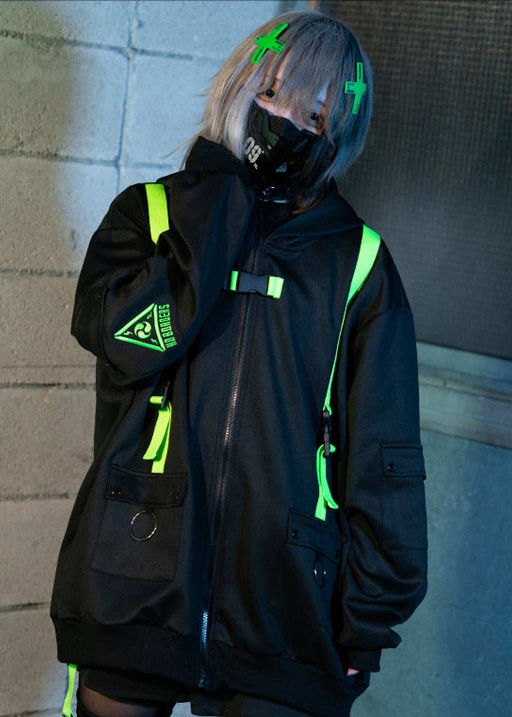  Uzurai Cyberpunk Tech Oversized Black Green Jacket