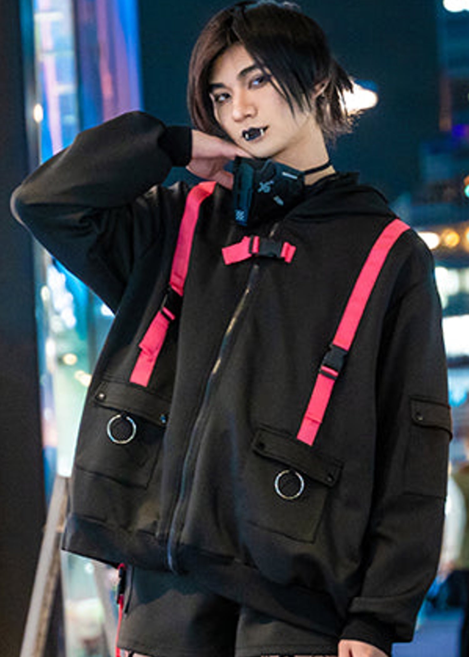  Uzurai Cyberpunk Tech Oversized Black Pink Jacket