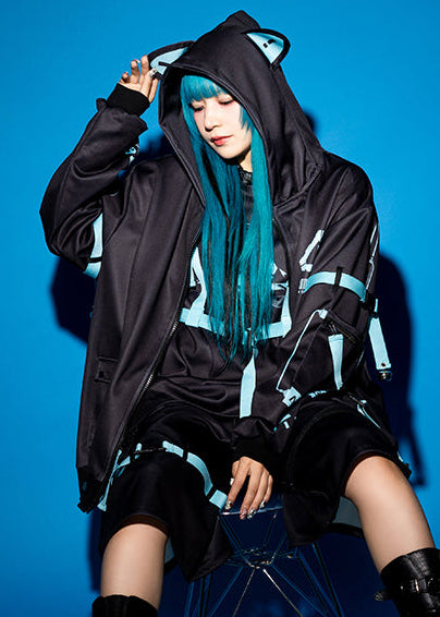  Error Code Cyberpunk Tech Oversized Black Blue Jacket