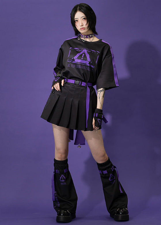  Error Code Cyberpunk Tech Pleated Black Purple Skirt