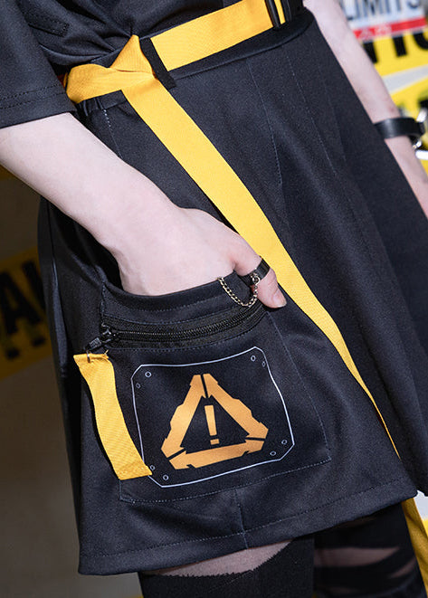  Error Code Cyberpunk Tech Pleated Black Yellow Skirt