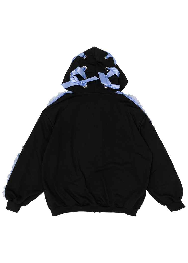  Love Punk Lace & Ribbon Oversized Zip Up Hoodie