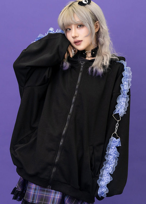  Love Punk Lace & Ribbon Oversized Zip Up Hoodie