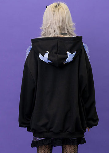  Love Punk Lace & Ribbon Oversized Zip Up Hoodie