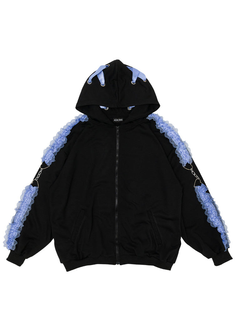  Love Punk Lace & Ribbon Oversized Zip Up Hoodie