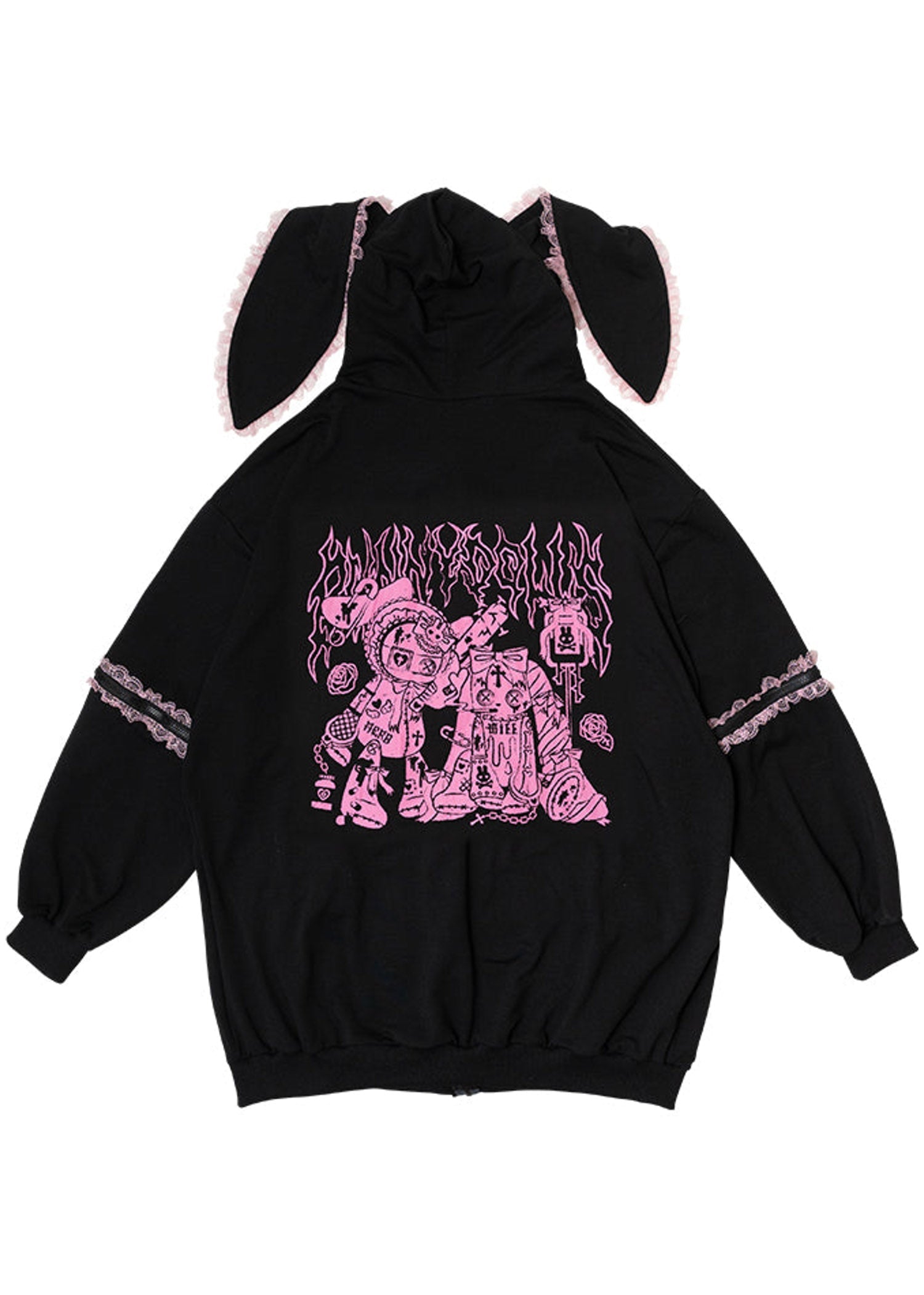  Bunny Dolls Punky Bunny Usamimi Black Pink Oversized Zip Hoodie