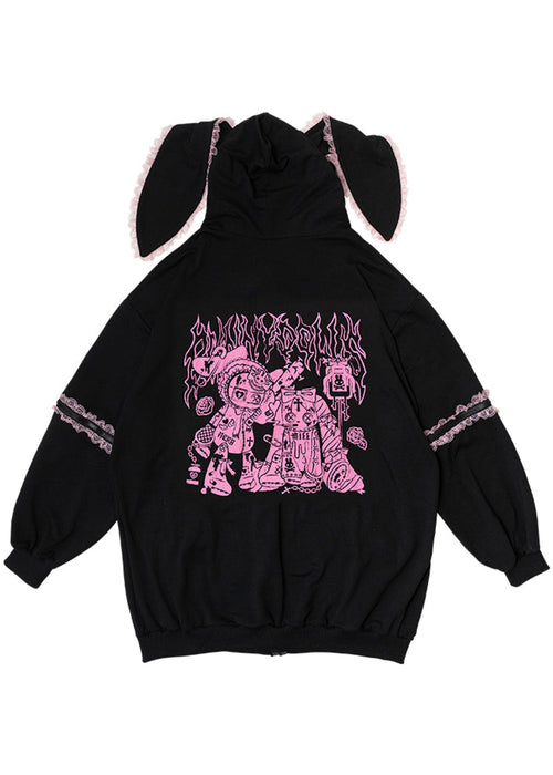  Bunny Dolls Punky Bunny Usamimi Black Pink Oversized Zip Hoodie