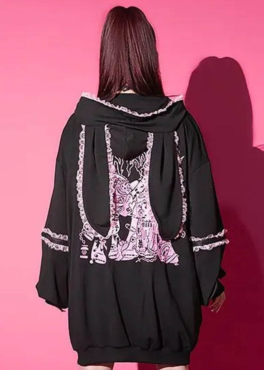  Bunny Dolls Punky Bunny Usamimi Black Pink Oversized Zip Hoodie