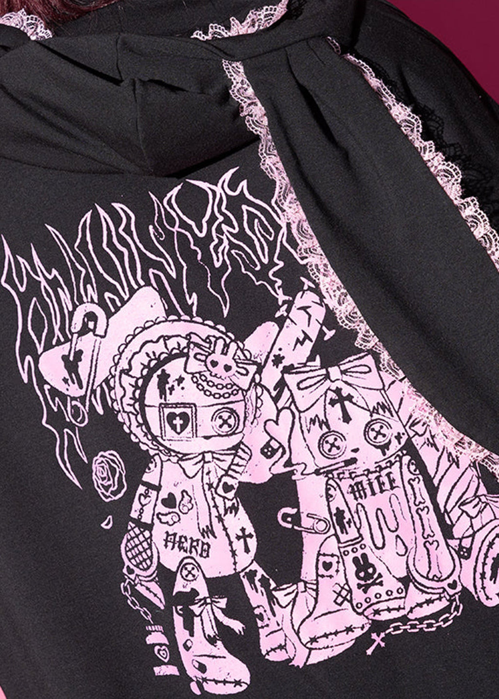 Bunny Dolls Punky Bunny Usamimi Black Pink Oversized Zip Hoodie