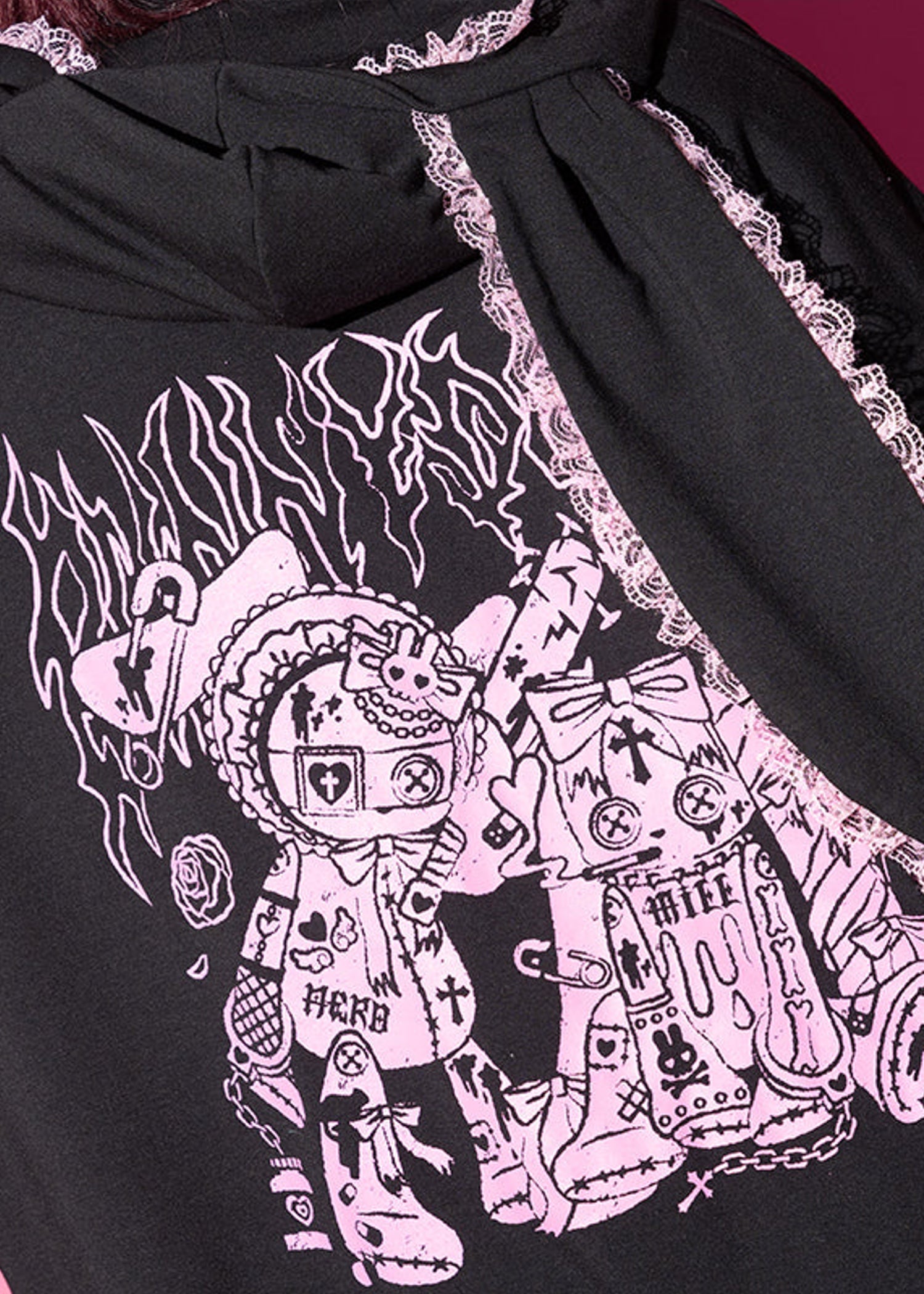  Bunny Dolls Punky Bunny Usamimi Black Pink Oversized Zip Hoodie
