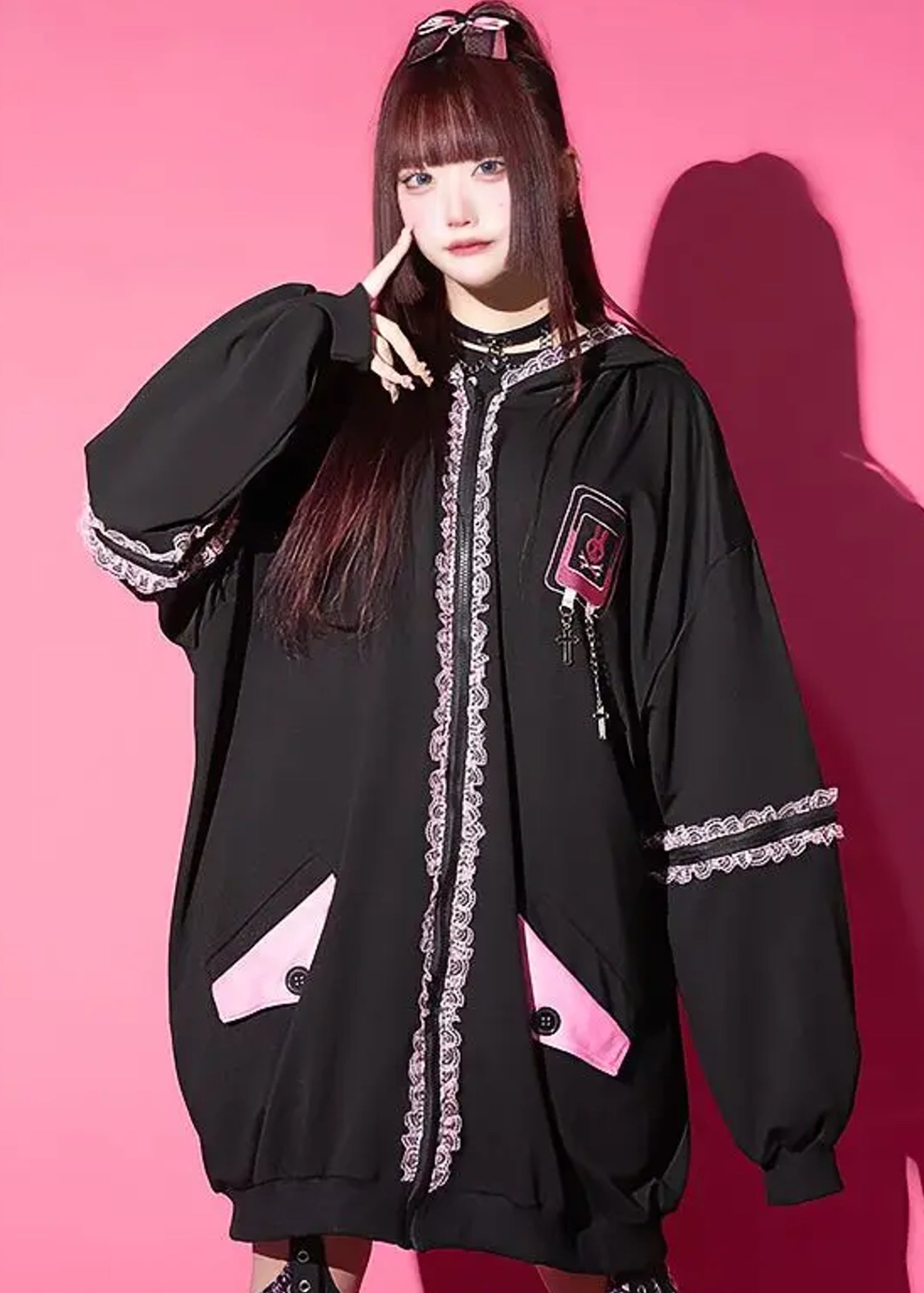  Bunny Dolls Punky Bunny Usamimi Black Pink Oversized Zip Hoodie