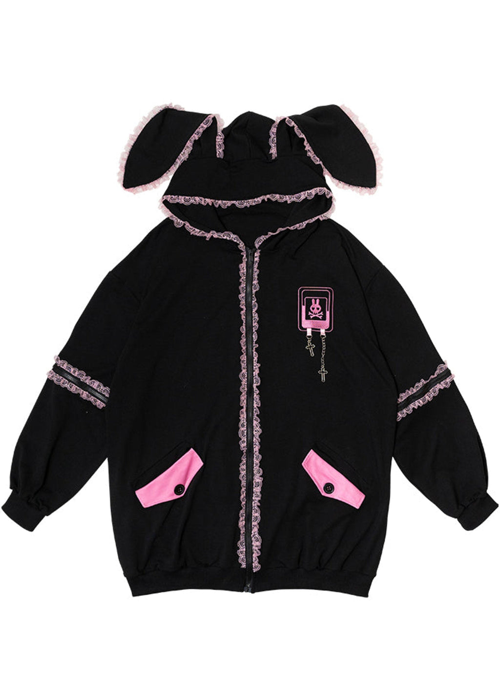  Bunny Dolls Punky Bunny Usamimi Black Pink Oversized Zip Hoodie