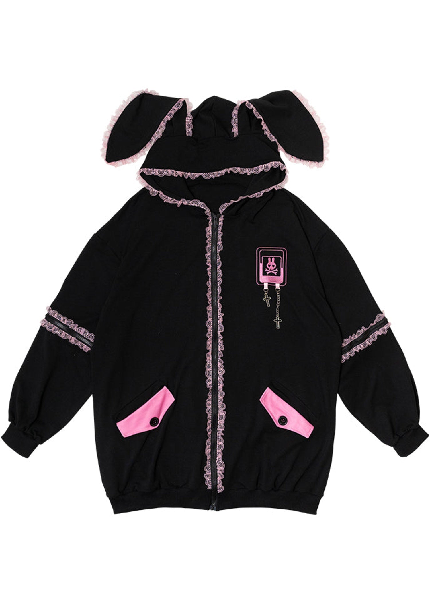 Bunny Dolls Punky Bunny Usamimi Black Pink Oversized Zip Hoodie
