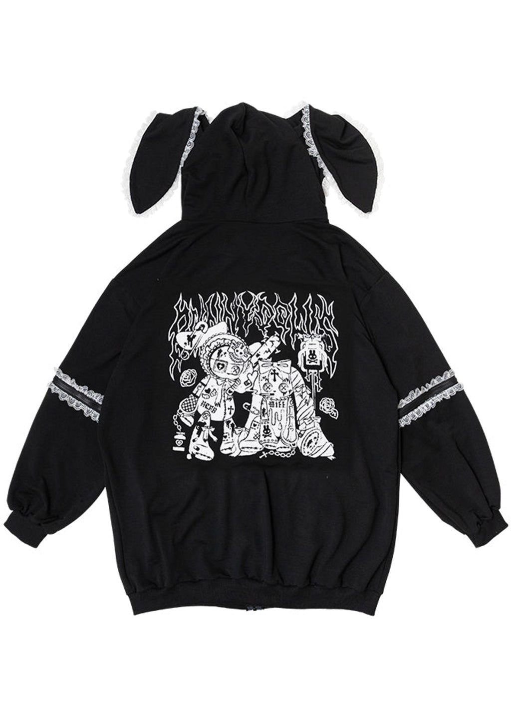  Bunny Dolls Punky Bunny Usamimi Black White Oversized Zip Hoodie