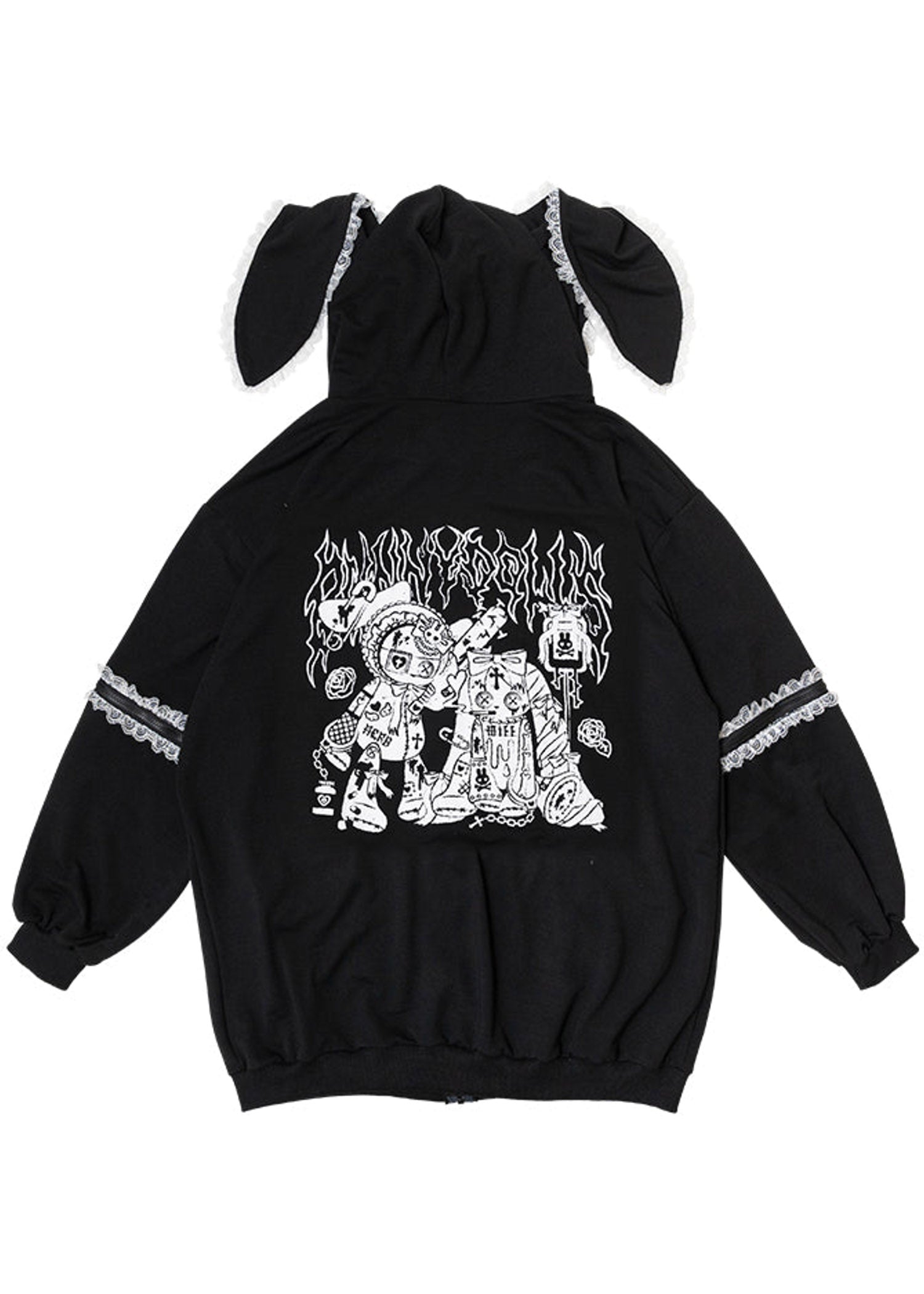  Bunny Dolls Punky Bunny Usamimi Black White Oversized Zip Hoodie