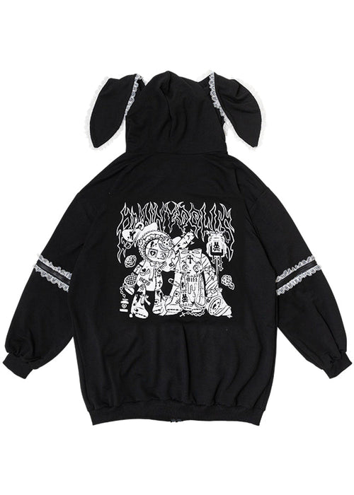  Bunny Dolls Punky Bunny Usamimi Black White Oversized Zip Hoodie