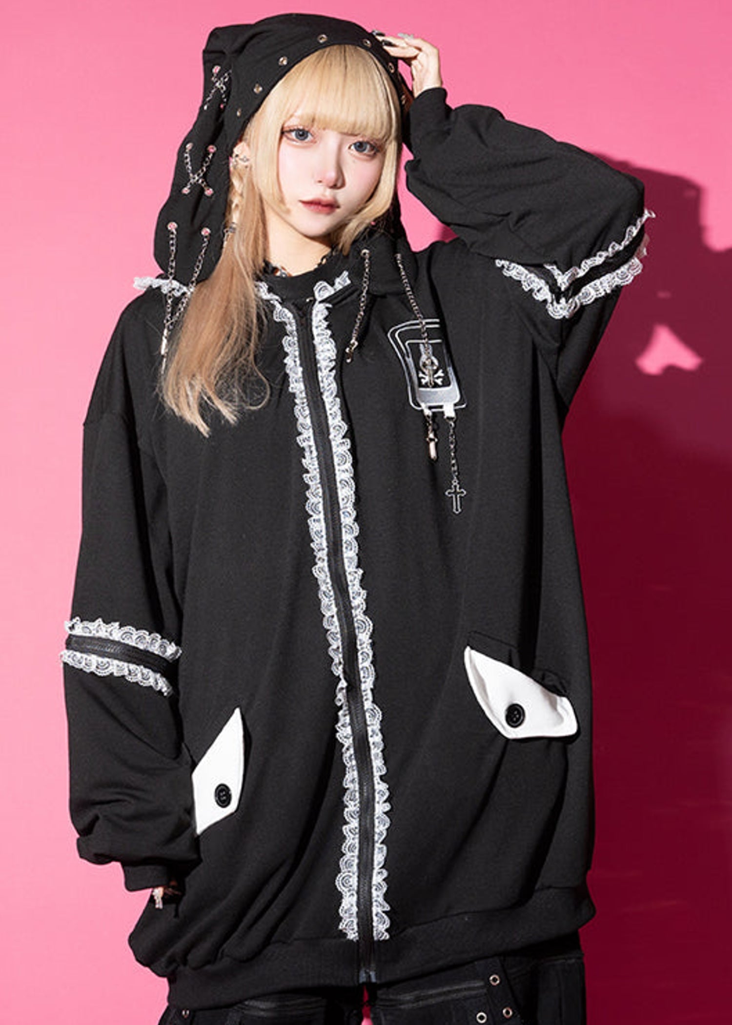  Bunny Dolls Punky Bunny Usamimi Black White Oversized Zip Hoodie