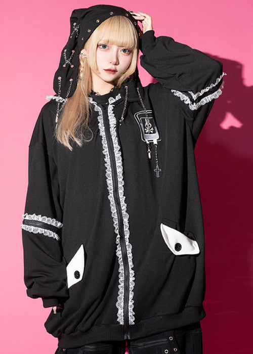  Bunny Dolls Punky Bunny Usamimi Black White Oversized Zip Hoodie