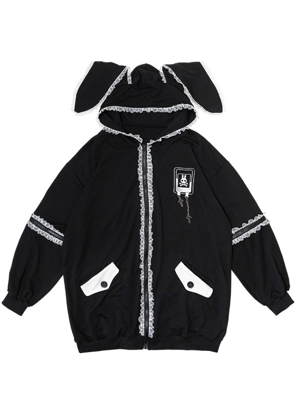  Bunny Dolls Punky Bunny Usamimi Black White Oversized Zip Hoodie