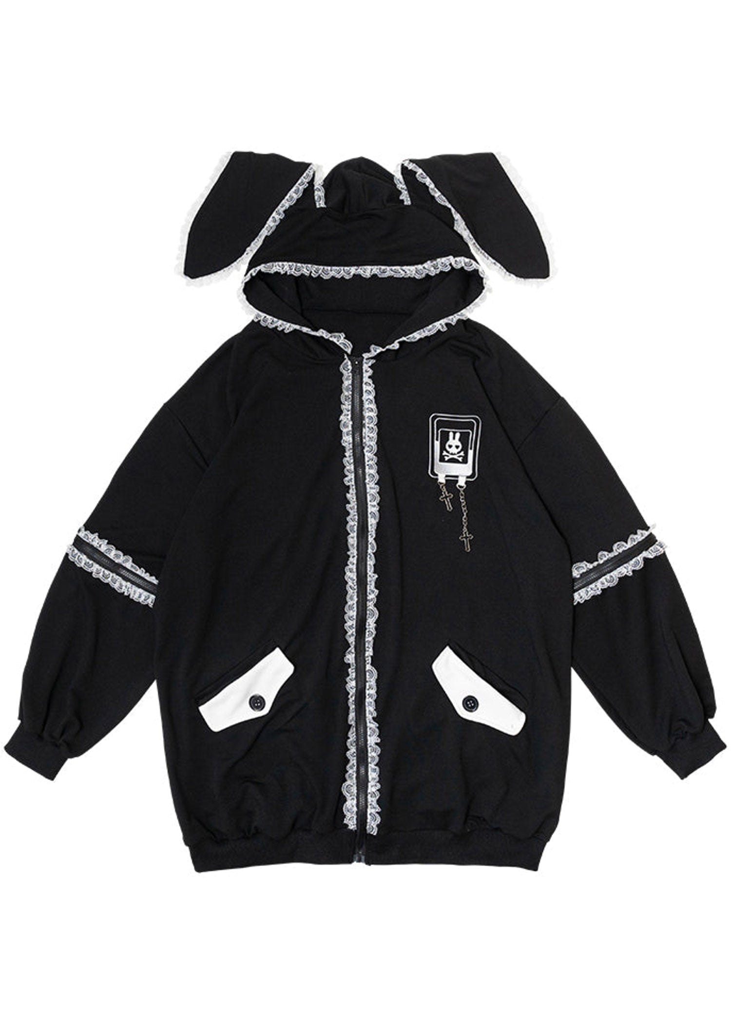  Bunny Dolls Punky Bunny Usamimi Black White Oversized Zip Hoodie