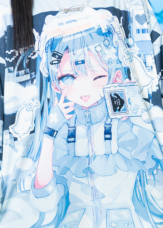  Game Over Anime Game Girl Blue Oversized Hoodie