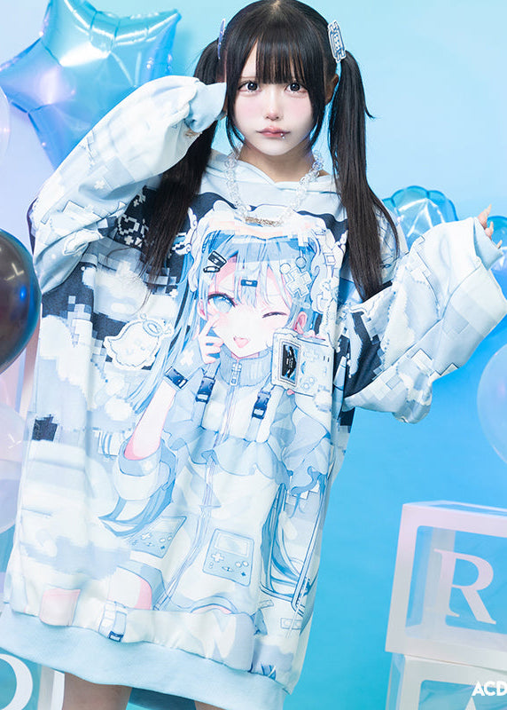  Game Over Anime Game Girl Blue Oversized Hoodie