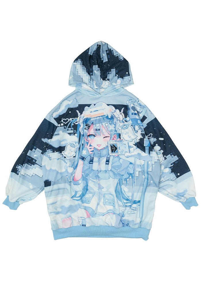  Game Over Anime Game Girl Blue Oversized Hoodie