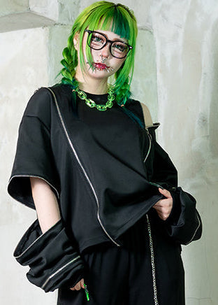  Uzurai Cyberpunk Zipper Oversized Black Green Cropped Top