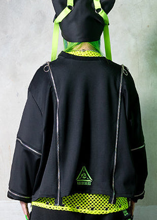  Uzurai Cyberpunk Zipper Oversized Black Green Cropped Top