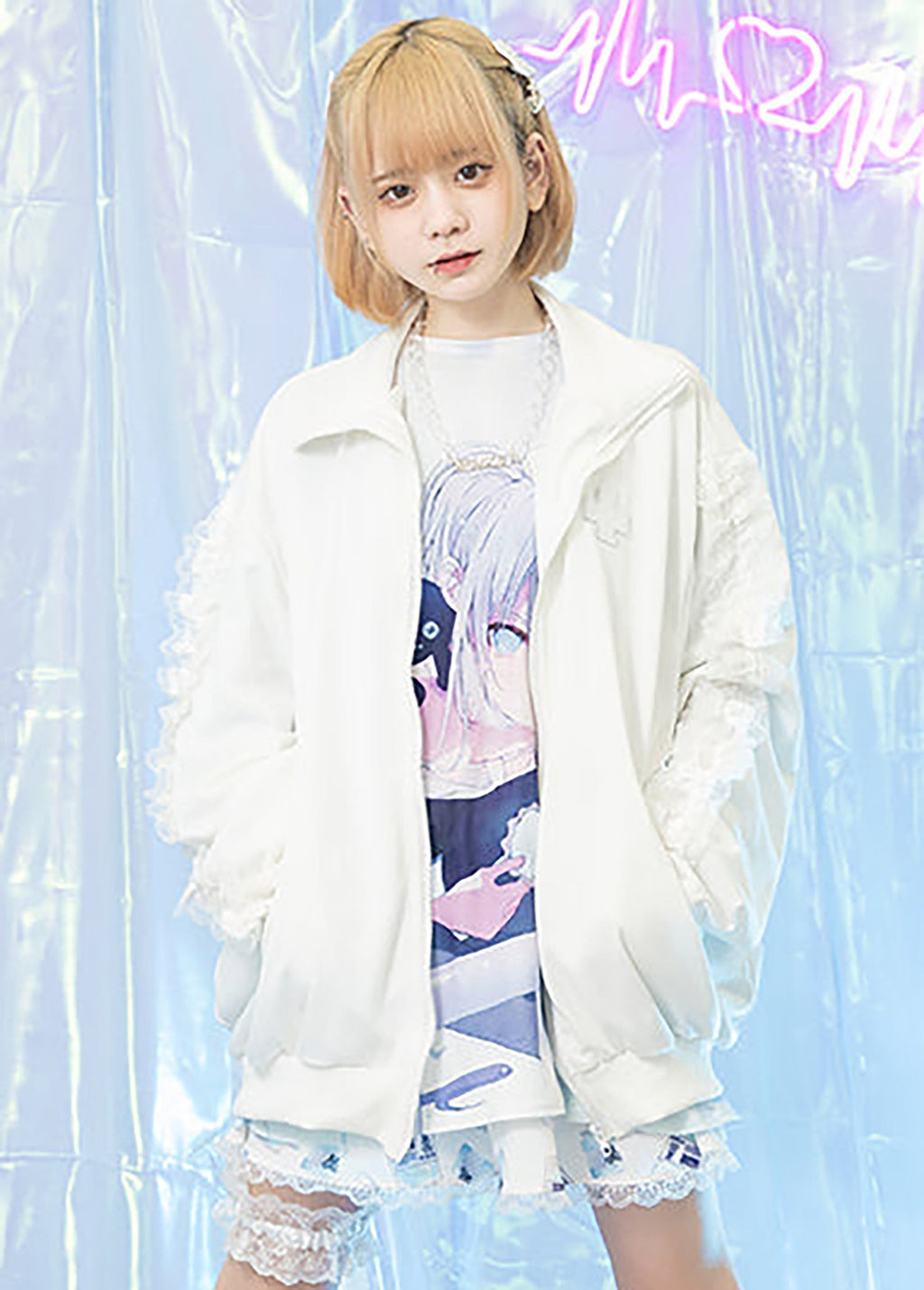  Healing Hearts Oversized Anime Zip Up Jacket In White