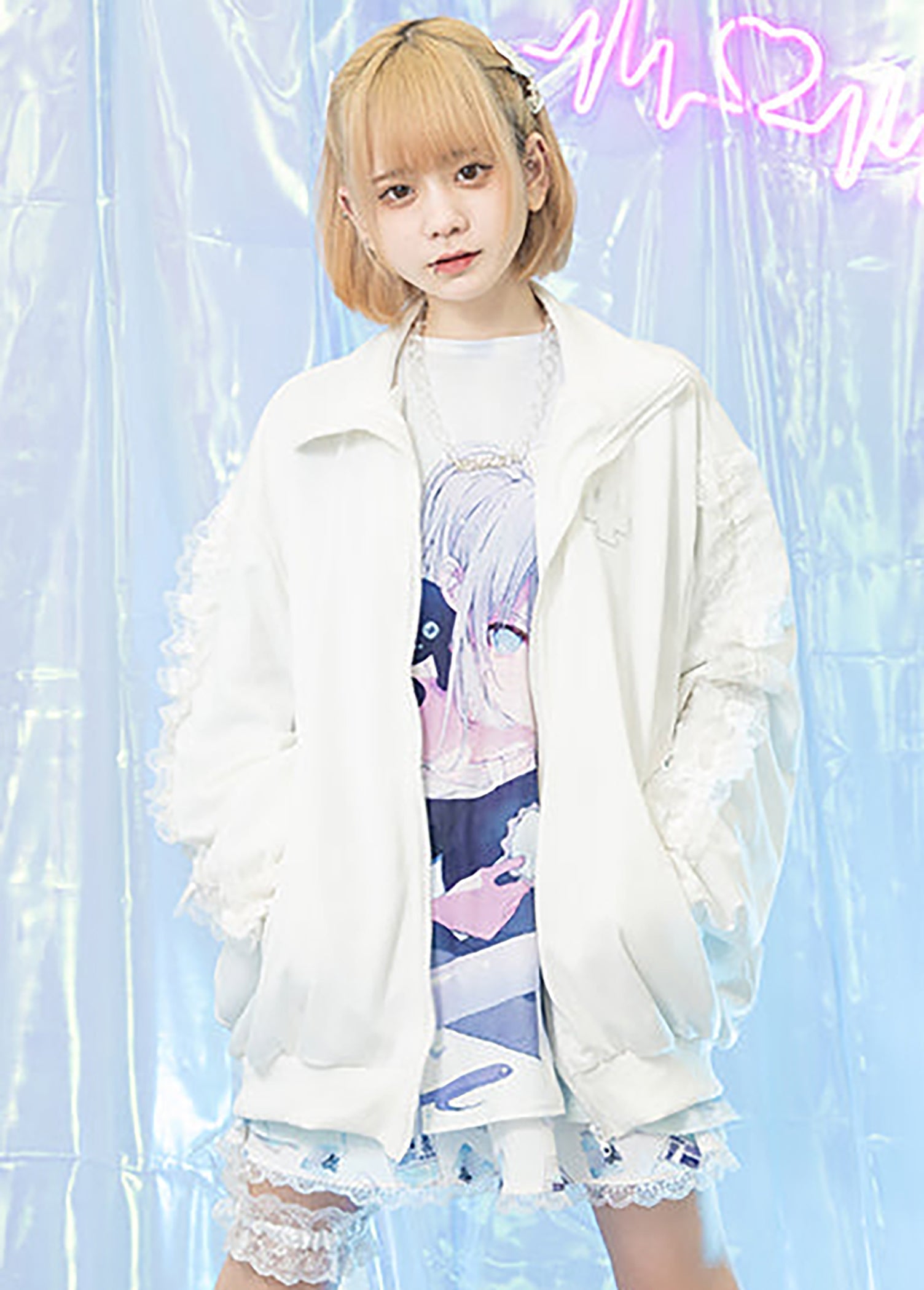  Healing Hearts Oversized Anime Zip Up Jacket In White