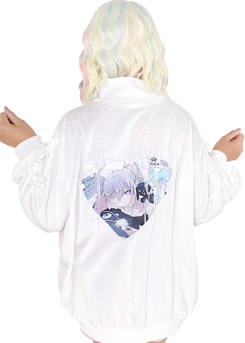  Healing Hearts Oversized Anime Zip Up Jacket In White