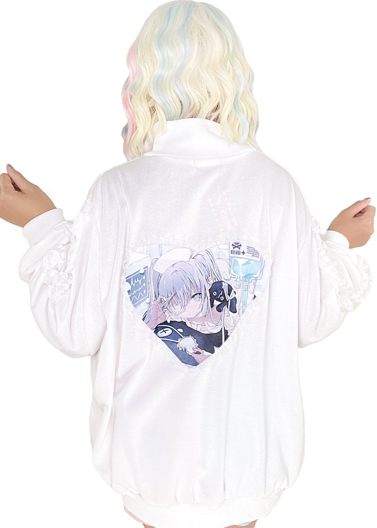  Healing Hearts Oversized Anime Zip Up Jacket In White