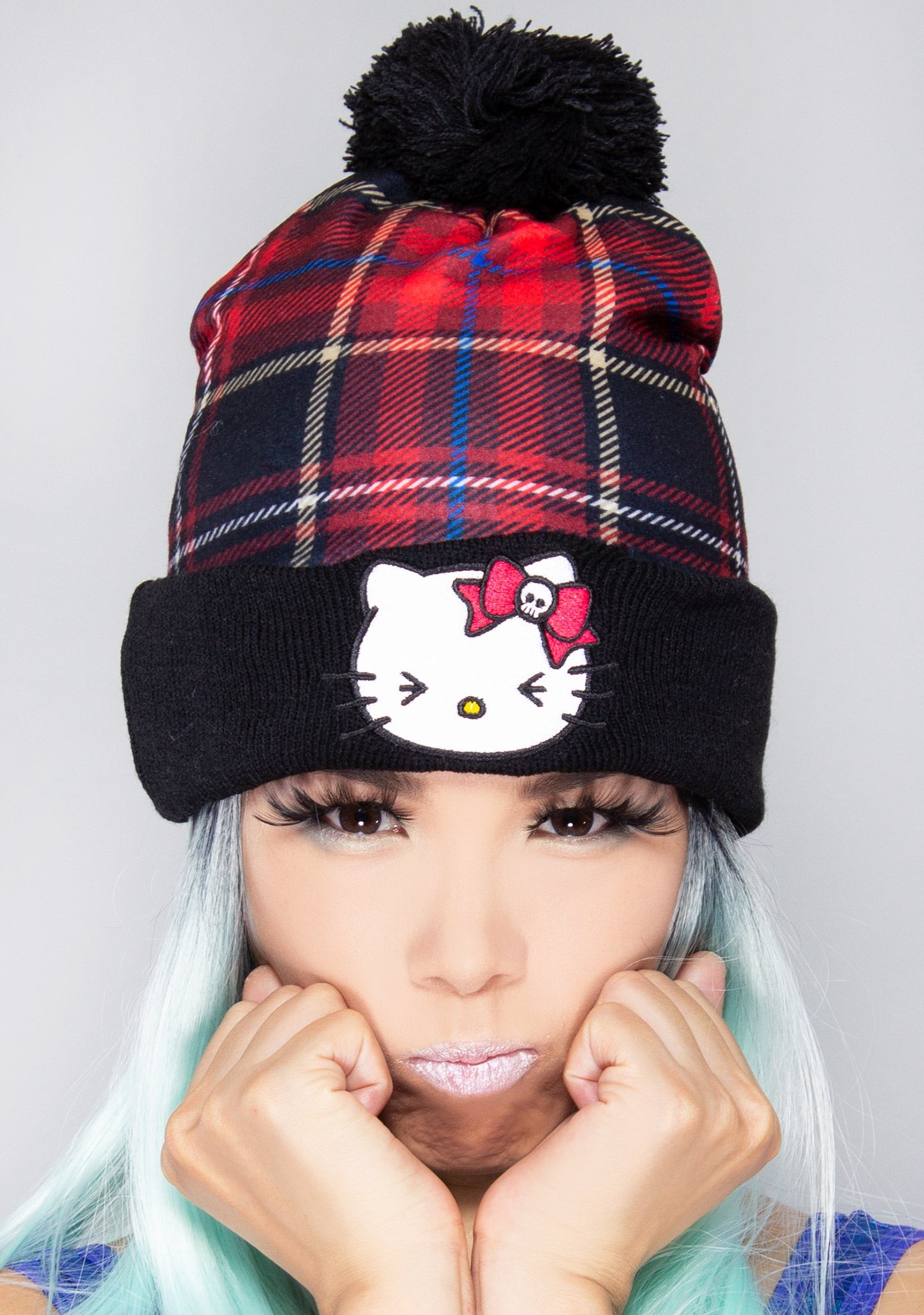 Bioworld Sanrio Hello Kitty Plaid Punk Pom Beanie