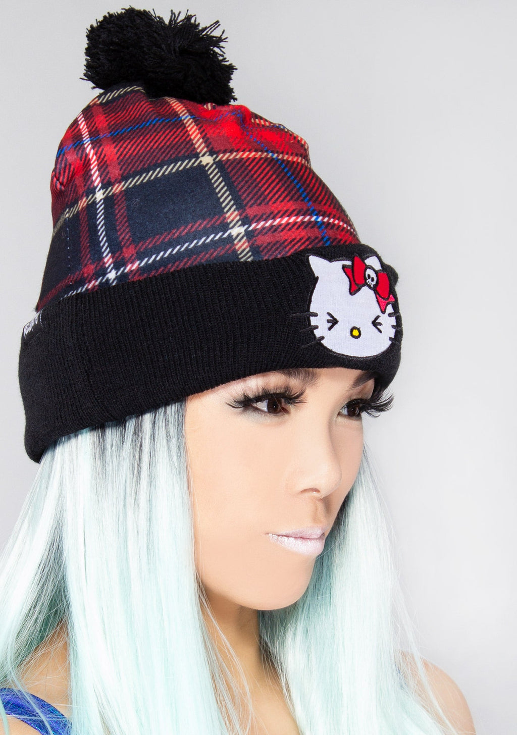 Bioworld Sanrio Hello Kitty Plaid Punk Pom Beanie