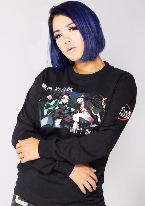 Bioworld Demon Slayer Tanjiro & Nezuko Unisex Long Sleeve Tee