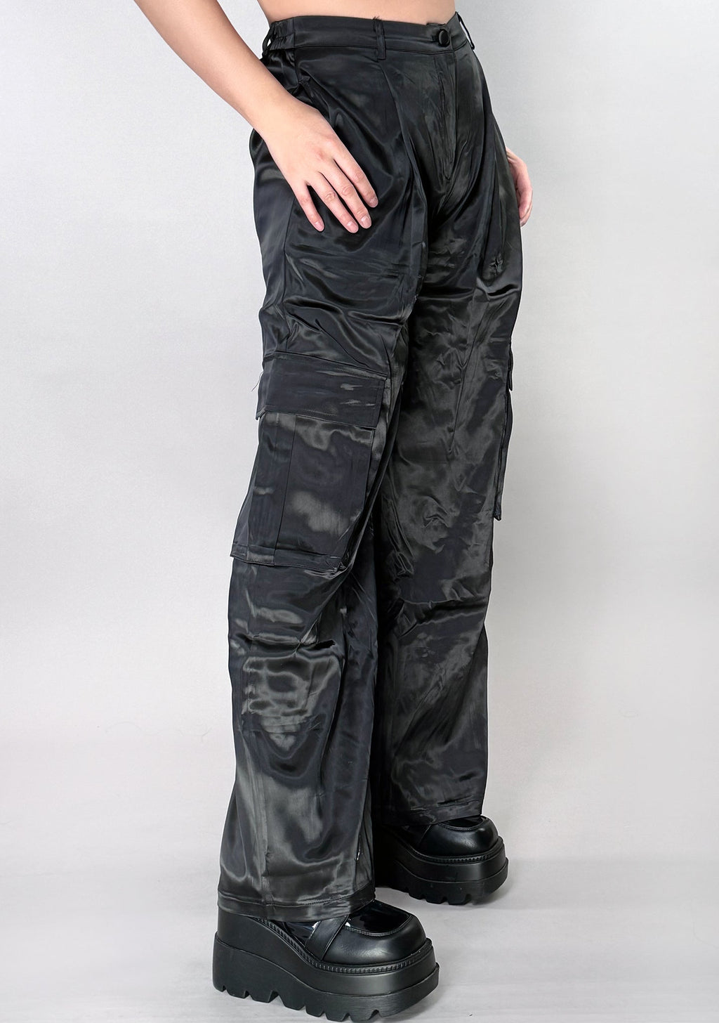  Night Beat Black Satin Cargo Pants