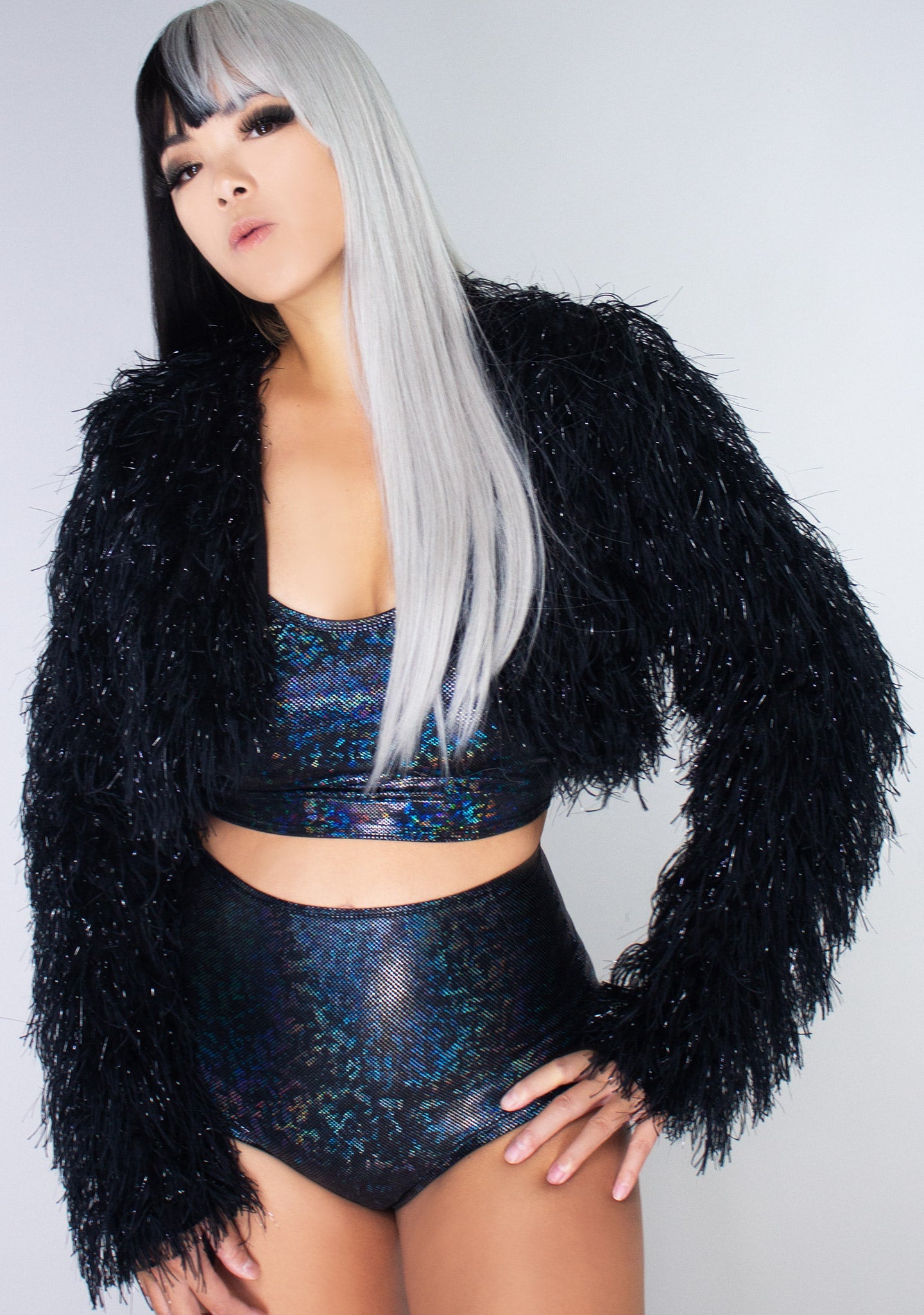  Black Star Sapphire Black Faux Fur Cropped Jacket