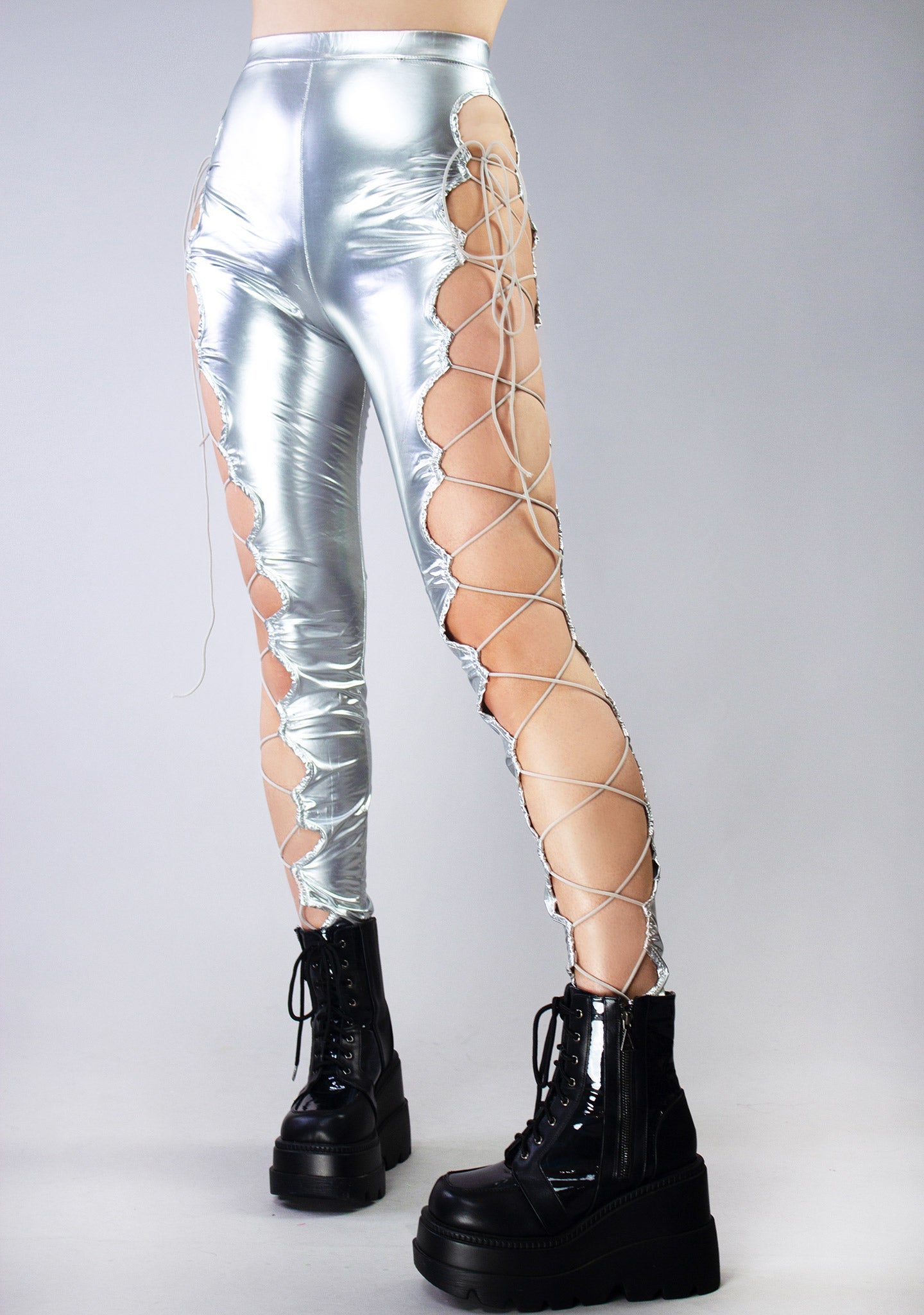 Intergalactic Metallic Lace Up Leggings