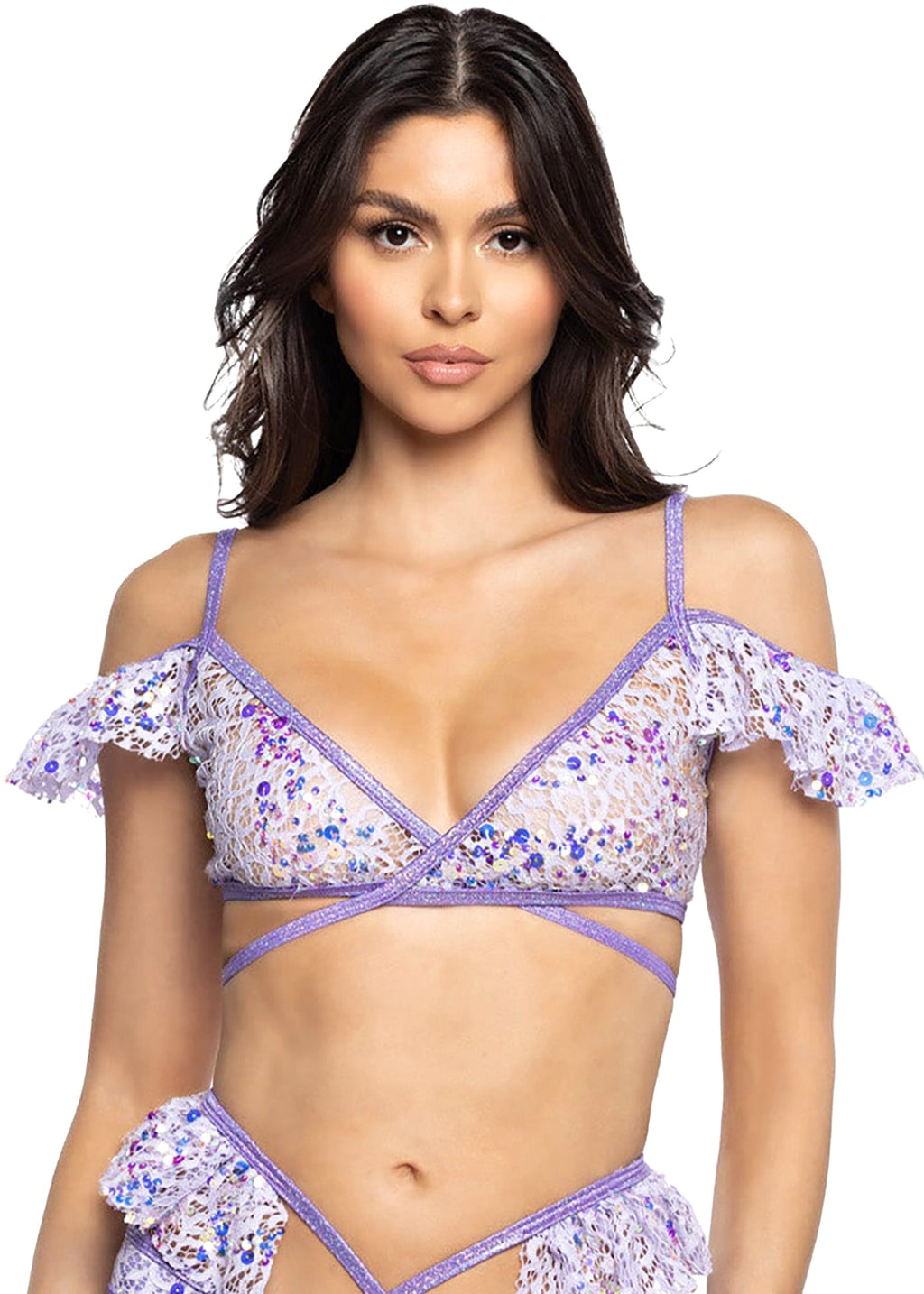  Fairy Tale Story Sequin Lace Ruffle Wrap Top